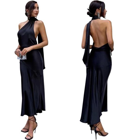 Mogidol Italian Summer Tie Neck Sleeveless Dress Black Satin size Medium NEW - Picture 1 of 15